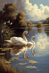 Pair of swans enjoy the surface of the lake.AI generated