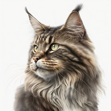 Realistic head MaineCoon Cat on a white background, generative AI