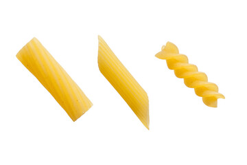 Rigatoni, pennette and fusilli as single pasta background