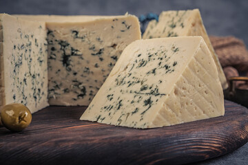 Cheese collection, piece of blue cheese made from cow milk close up