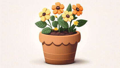 Clay pot with orange flowers, generative AI.