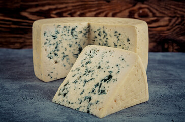 Cheese collection, piece of blue cheese made from cow milk close up
