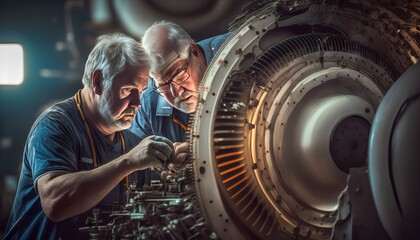 Fototapeta na wymiar aircraft engineers repairing and maintaining jet airplane, Generative AI