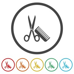 Scissors and hairbrush graphic icons in color circle buttons