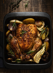 Appetizing roasted chicken with vegetables on a platter.  Dark wooden  background. Top view.