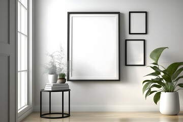 Fototapeta na wymiar Picture frame mockup on white wall. White living room design. Minimalism concept. 