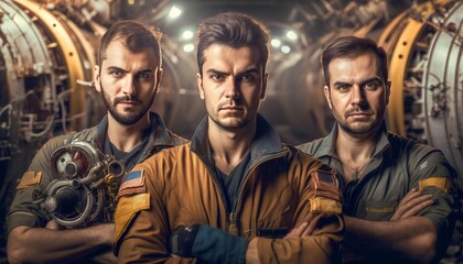 Obraz na płótnie Canvas portrait young Team of aircraft engineers repairing and maintaining jet airplane, Generative AI