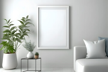 Fototapeta na wymiar Picture frame mockup on white wall. White living room design.