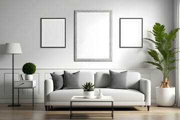 Picture frame mockups on white wall. White living room design.
