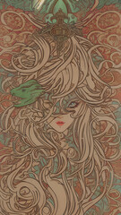 abstract art nouveau decoration illustration of fictional woman for cards or banner designs, generative ai