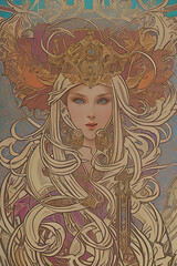 abstract art nouveau decoration illustration of fictional woman for cards or banner designs, generative ai