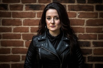 Naklejka premium woman with a speech impairment wearing a black leather jacket, standing in front of a brick wall and posing for a portrait. Generative ai