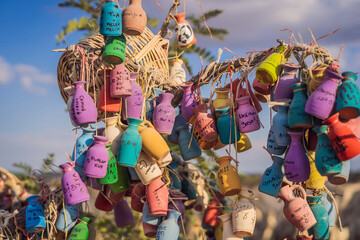 Wish tree. Small multi-colored jugs with inscriptions, wishes hanging on the branches of a tree., against the backdrop of sand ruins and blue sky