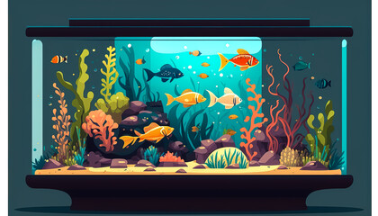 Large glass aquarium with fish, generative AI.