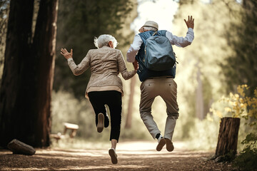 Fototapeta fröhliches Seniorenpaar springt im Park, generative AI obraz