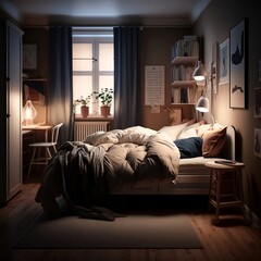 A bed room filled with furniture and pictures on the wall, an empty backroom at night,  brown and cream color scheme