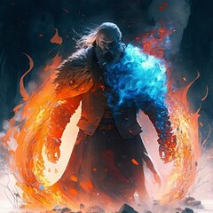 Fantasy scene of a angry  look with fire and ice on a forest - Wonderful illustration