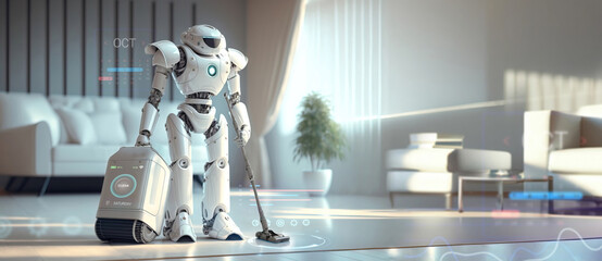 housekeeping robot maid working on a vacuum machine for autonomy of household concepts isolated on clean background - Generative AI