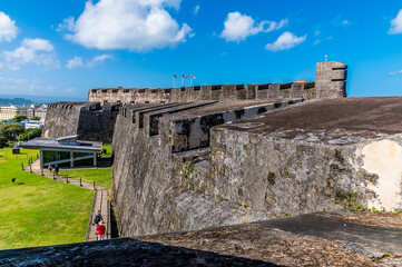 A view south along the upper battlements in of the Castle of San Cristobal, San Juan, Puerto Rico...