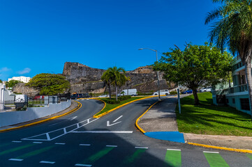 A view up a road towards the Castle of San Cristobal, San Juan, Puerto Rico on a bright sunny day