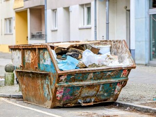 Container with rubble at a construction site in the city