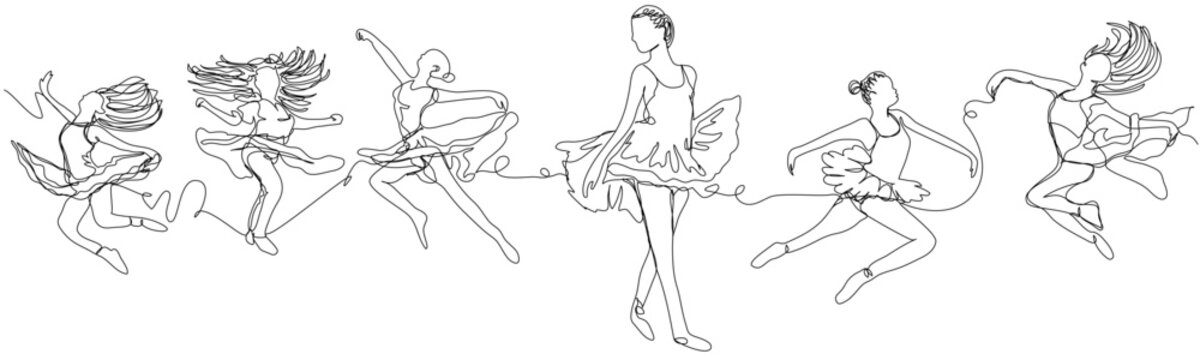 The ballerina dances in one line. Girls in ballet dresses in different movements. The concept of free artistic dance. Stock vector illustration with editable stroke.