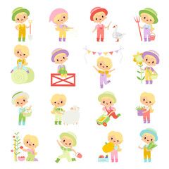 Little Blond Boy and Girl Farmer in Jumpsuit and Hat at Farm Working in the Garden Big Vector Set