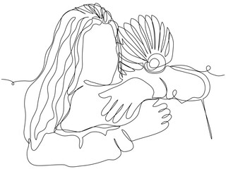 The girl hugs the woman in one line on a white back. Conceptual image of friendship, relationship between mother and daughter, sister, girlfriend. Stock vector illustration with editable stroke.