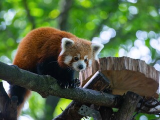 Red panda sits on a tree and looks down