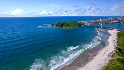 Aerial view of Ilheus, tourist town in Bahia. Historic city center with sea and river.