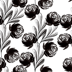 Seamless pattern with rose branches, in the wet ink technique combined with the doodle drawing technique. suitable for bedding, curtains, fabric, textiles, clothes