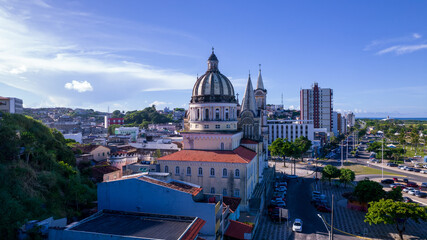 Aerial view of Ilheus, tourist town in Bahia. Historic city center with sea and river.