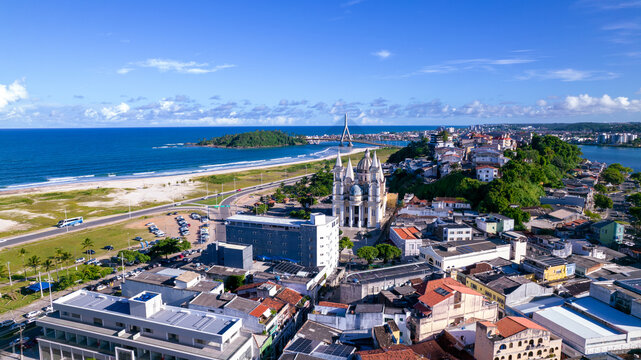Aerial view of Ilheus, tourist town in Bahia. Historic city center with sea and river.