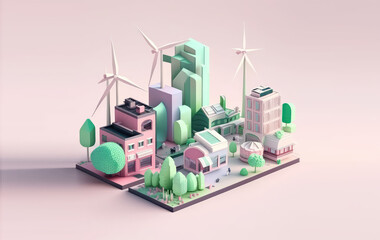 Isometric city with trees in cartoon style. 3d town isolated on pastel pink background, copy space. 3d render illustration. Generative AI art.