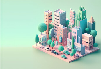 Isometric city with trees in cartoon style. 3d land isolated on pastel background, copy space. 3d render illustration. Generative AI art.