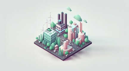 Isometric city with trees in cartoon style. 3d town isolated on pastel background, free copy space. 3d render illustration. Generative AI art.