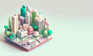 Isometric city with trees in cartoon style. 3d town isolated on pastel background, horizontal banner copy space. 3d render illustration. Generative AI art.