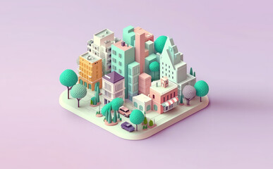 Isometric city with trees in cartoon style. 3d town isolated on pastel purple background, copy space. 3d render illustration. Generative AI art.