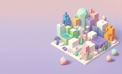 Isometric city with trees in cartoon style. 3d town isolated on pastel gradient background, copy space. 3d render illustration. Generative AI art.