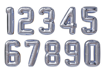  Set of silver glossy 3D numbers from 1 to 10 in metallic balloon style. Rendered in old school font. Combination for social media post about sports and competitions.