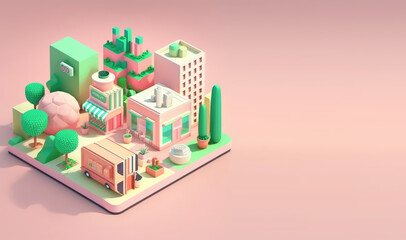 Isometric city with trees in cartoon style. 3d town isolated on pastel peach background, copy space. 3d render illustration. Generative AI art.