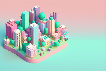 Isometric clay city with trees in cartoon style. 3d town isolated on pastel background, copy space. 3d render illustration. Generative AI art.