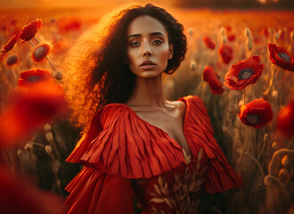 portrait of a latino girl in flower field, spring summer fashion, Generative AI