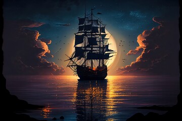 Sailing into the Sunset: Cruise Through the Night Aboard a Silhouetted Tall Ship: Generative AI