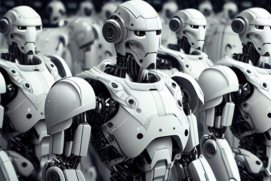Generative Robot Army: A Futuristic Group of White Cyborgs Leading the Way in Technology and Manufacturing: Generative AI