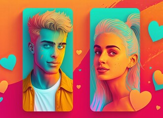 Online dating app, young man and woman on the mobile phone. Generative AI.