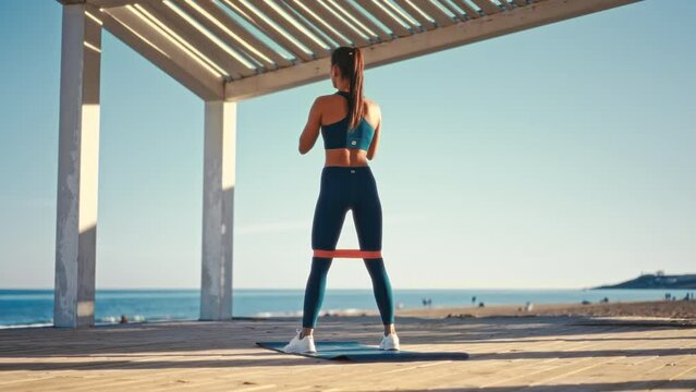 Young pretty fit woman in sportswear doing morning exercises with with rubber band on the beach. Outdoor workout by the sea. Sports and recreation, fitness and healthy lifestyle.