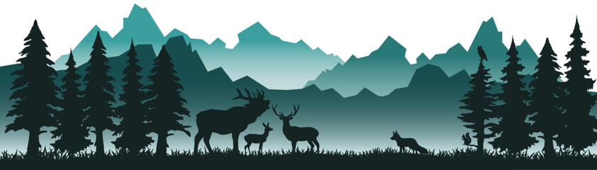 Silhouette of mountains, wild forest woods animals and misty fog forest fir trees camping adventure wildlife landscape panorama illustration icon vector for logo, isolated on white background