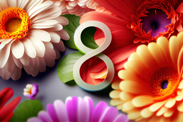 Colorful spring floral background with gerbera, daisy  and number 8, 8 mart concept, generative ai - obrazy, fototapety, plakaty