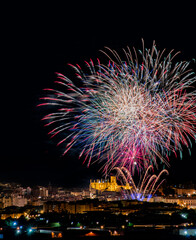 Huesca (aragon spain) night landscape with fireworks